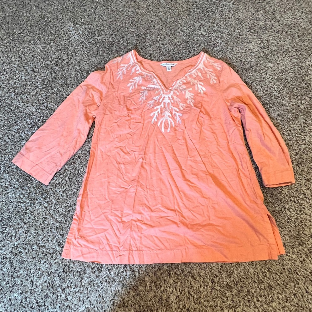 Croft & Barrow Womens L Coral Orange Embroidered Split V-Neck 3/4‎ Sleeve Tunic